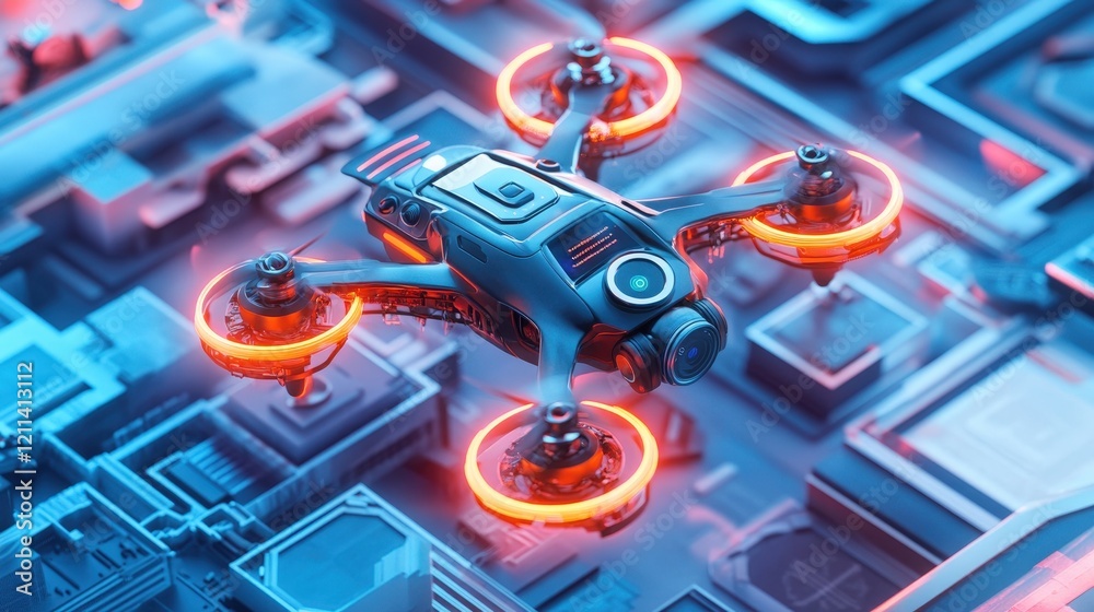 Fototapeta premium A vibrant depiction of an advanced drone with sensors and cameras hovering over a tech demonstration area