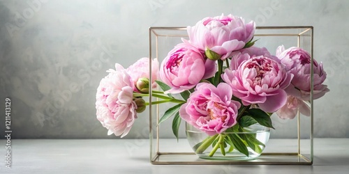 Fototapeta Naklejka Na Ścianę i Meble -  Elegant peonies nestled within a sleek and modern glass frame, botanical print, flower frame