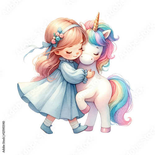 A young girl in a blue dress hugs a colorful unicorn, showcasing a magical bond between them.