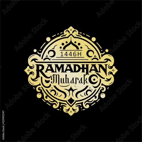 Elegant golden Ramadan Mubarak greeting design with decorative elements on black background