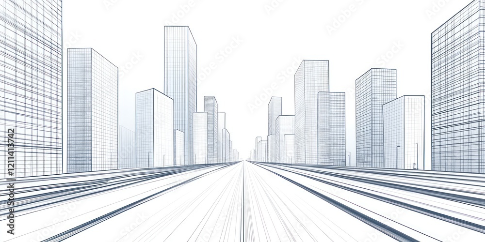 Fototapeta premium Architectural Sketch Depicting Modern Cityscape With Wide Avenue
