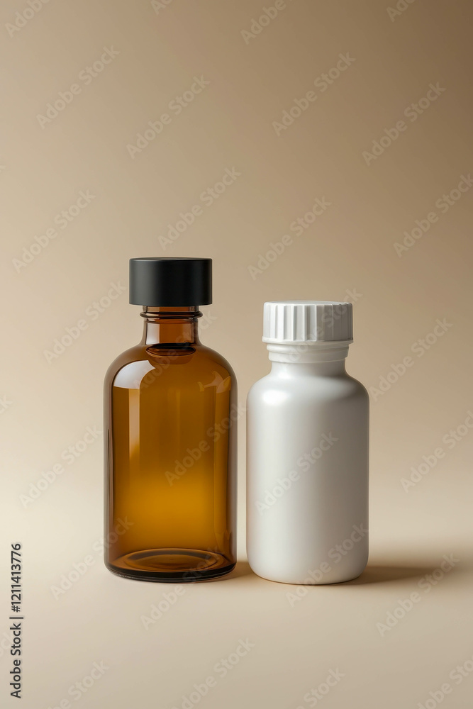 An amber glass bottle with a simple matte black cap. Next to it is a single white bottle. The background is beige. An amber glass bottle with a simple matte black cap. Next to it is a single white bottle. The background is beige.