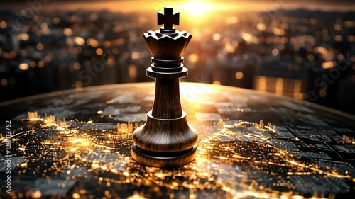 A majestic chess king on a glowing city backdrop, symbolizing strategy and power.