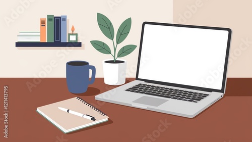 A cozy workspace featuring a laptop, a notebook, a mug, and a green plant. Ideal for representing productivity, creativity, or a serene work environment. photo