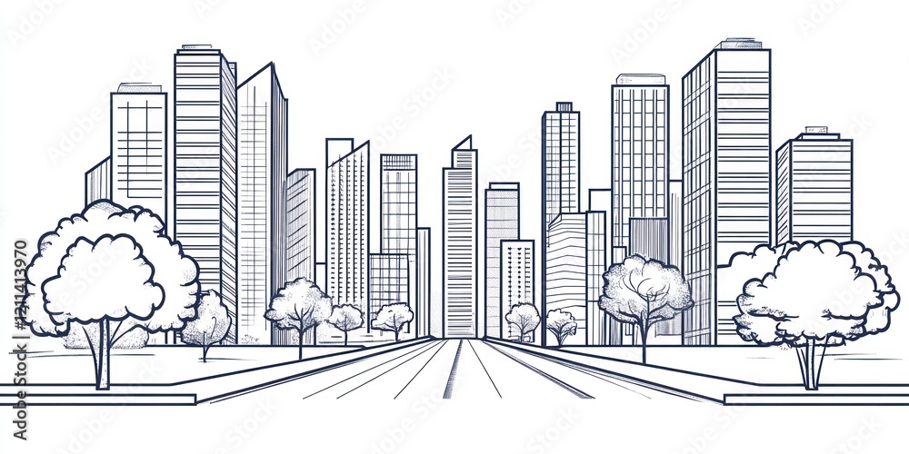 Obraz premium Cityscape Sketch Showing Modern Buildings and Trees