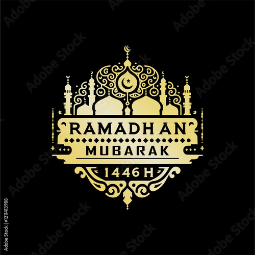 Elegant Golden Ramadan Mubarak Graphic with Mosque Silhouettes and Islamic Patterns