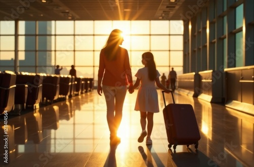 Mom and daughter with a suitcase at the airport. Traveling with a child . Summer vacation