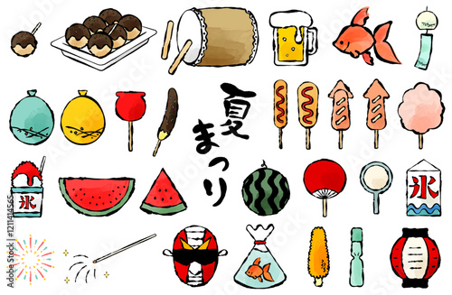 夏祭りアイコンベクターイラストセット 毛筆 日本