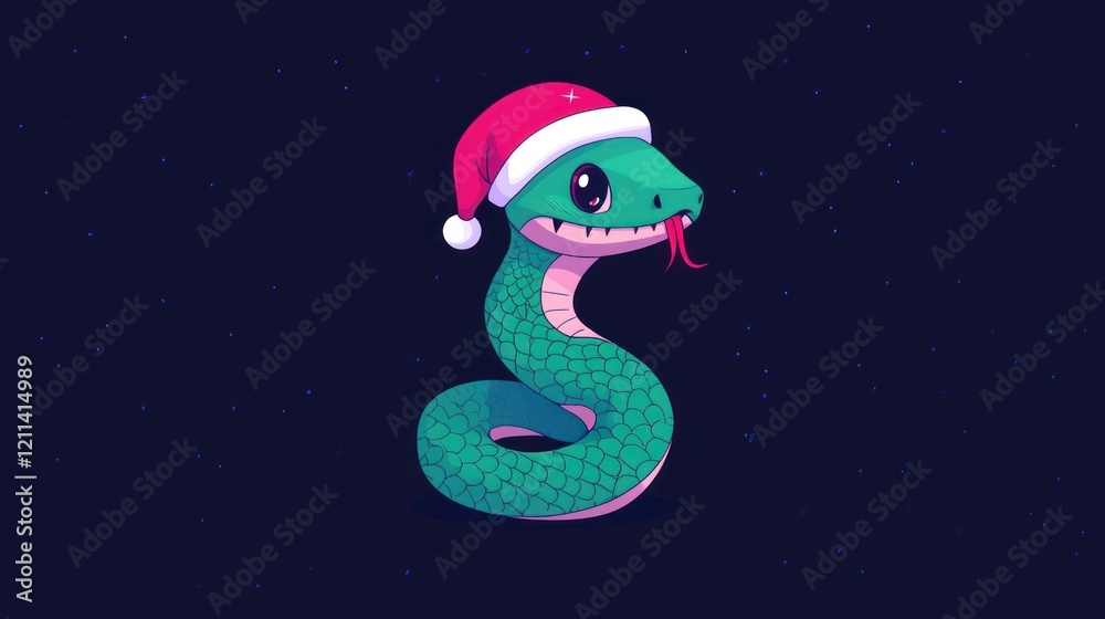 Fototapeta premium Green Snake in Santa Hat & Red Scarf: Cute Animal Zodiac Symbol for Chinese New Year - 3D Illustration for Design Banner, Poster, Card