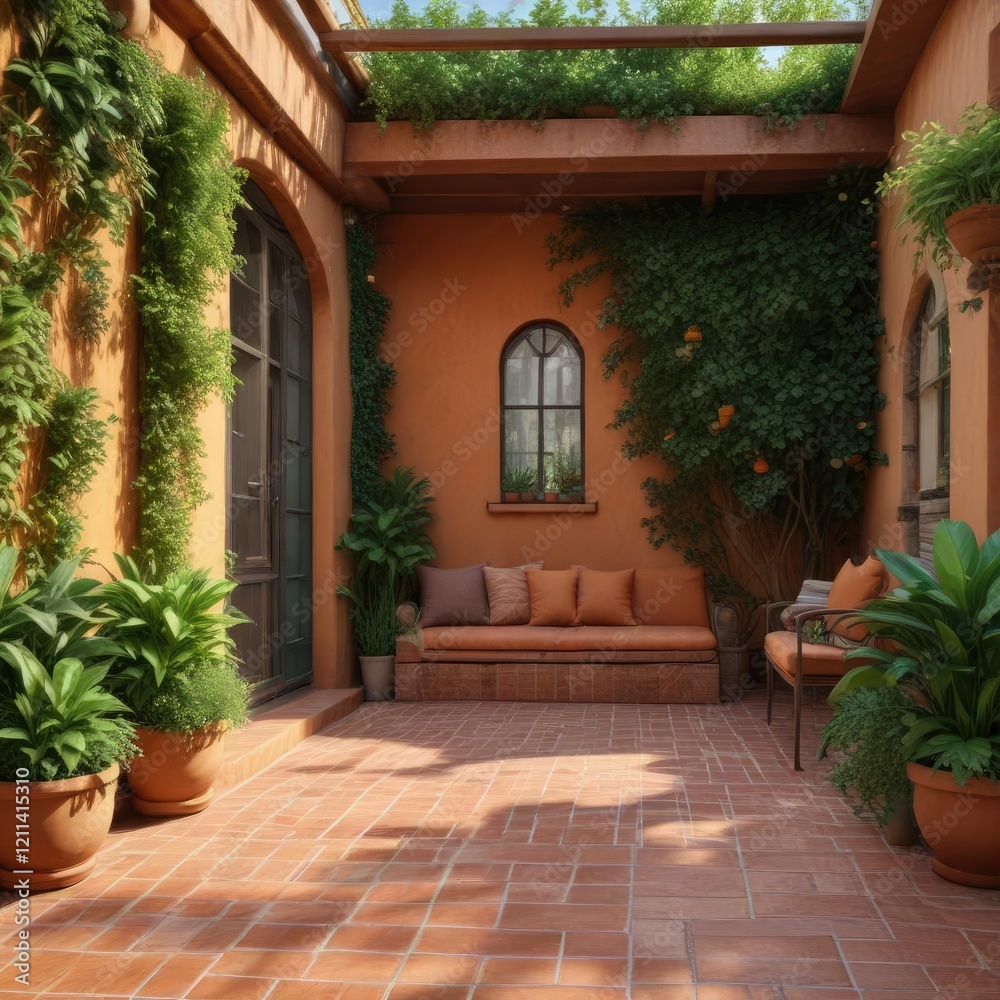 Fototapeta premium Cozy outdoor space with terracotta tiles and lush greenery, outdoor seating area,