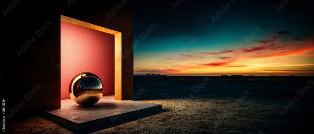 Fototapeta premium Sunset Landscape with Golden Sphere on Platform Minimalist Abstract Art