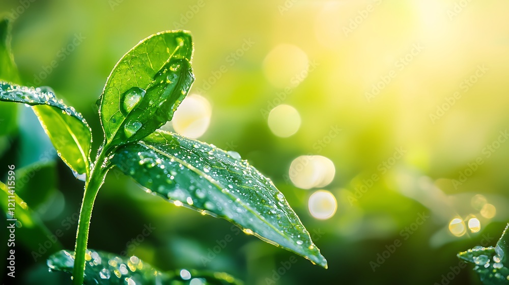 Fototapeta premium A leaf with raindrops on it is surrounded by a blurry background