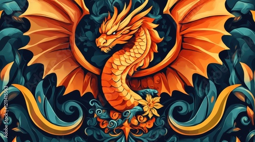 A vibrant illustration of a dragon crest, symbolizing power and wisdom, with medieval patterns photo