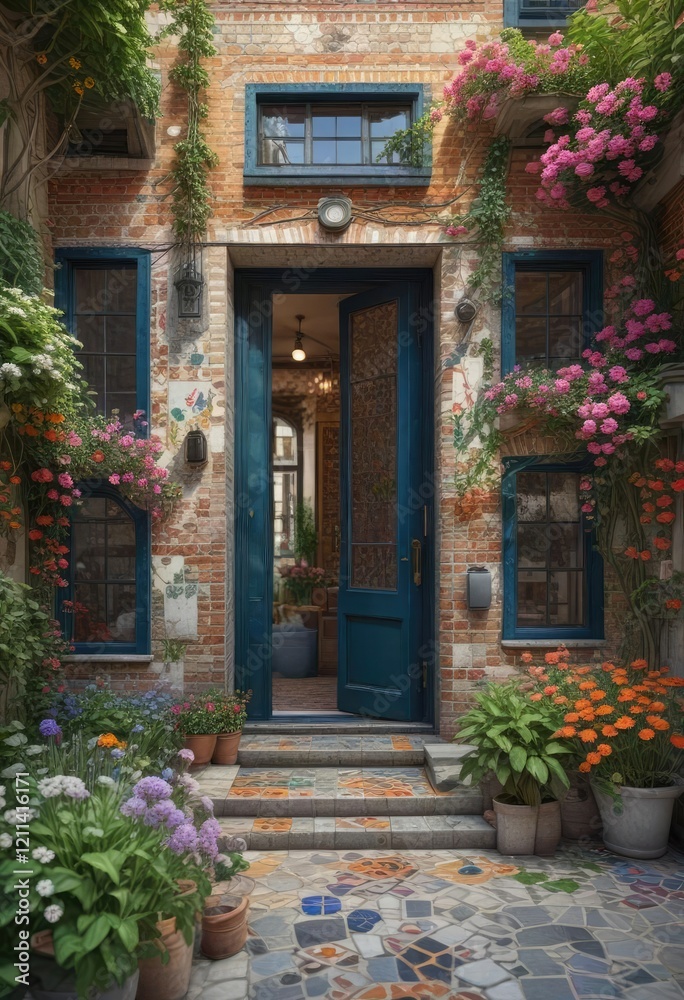 Fototapeta premium Colorful mosaic tile canal house with blooming flowers and vines, greenery, summer house, outdoor decor