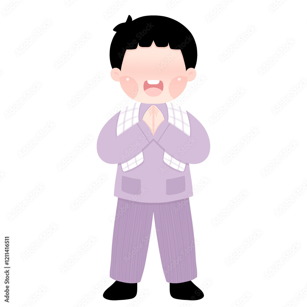A young boy Muslim child wearing traditional clothing smiles and says A young boy Muslim child wearing traditional clothing smiles and says