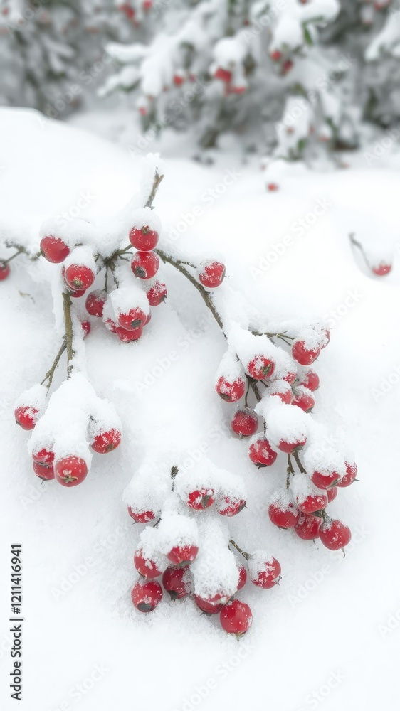 Frozen red berries covered in sparkling white snow during winter, weather, scenic Frozen red berries covered in sparkling white snow during winter, weather, scenic