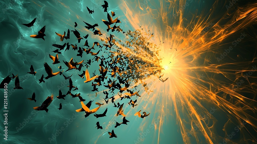 Fototapeta premium A bunch of birds flying in the sky with a bright orange and blue background