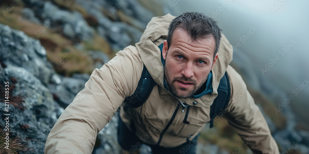 Man in beige jacket climbing rocks in foggy weather. Adventure tourism concept Man in beige jacket climbing rocks in foggy weather. Adventure tourism concept