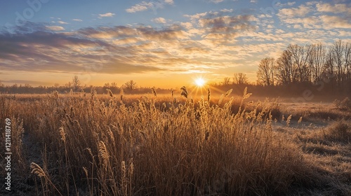 Golden sunset over autumn field. Great for natural landscapes, seasonal changes, and environmental themes.