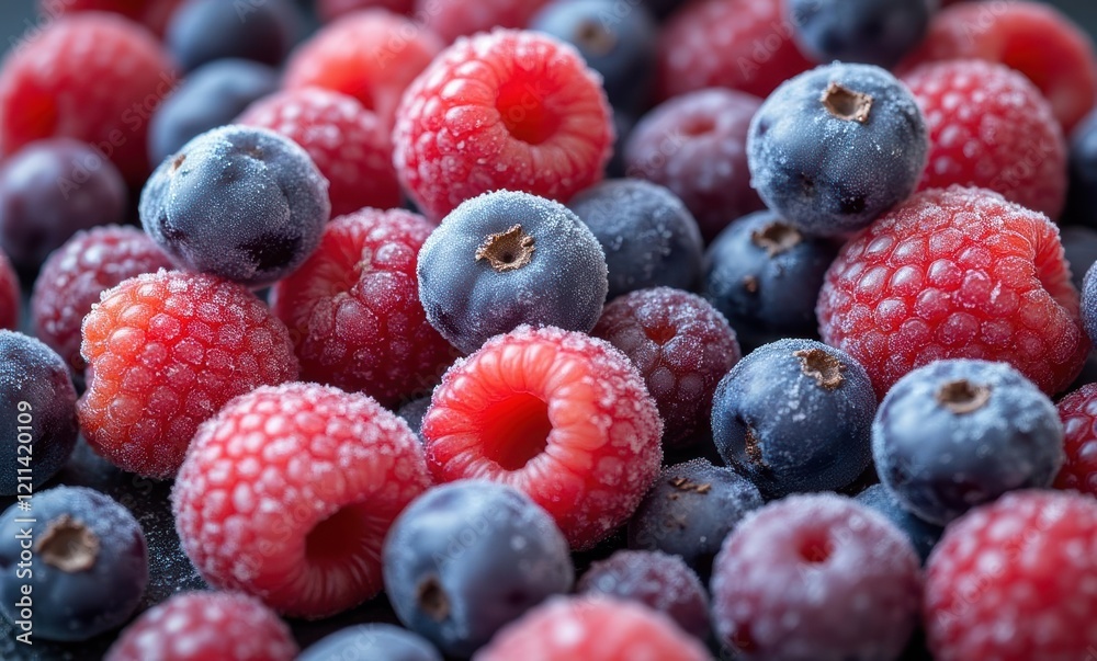 Fresh frozen blueberries and raspberries pile Fresh frozen blueberries and raspberries pile