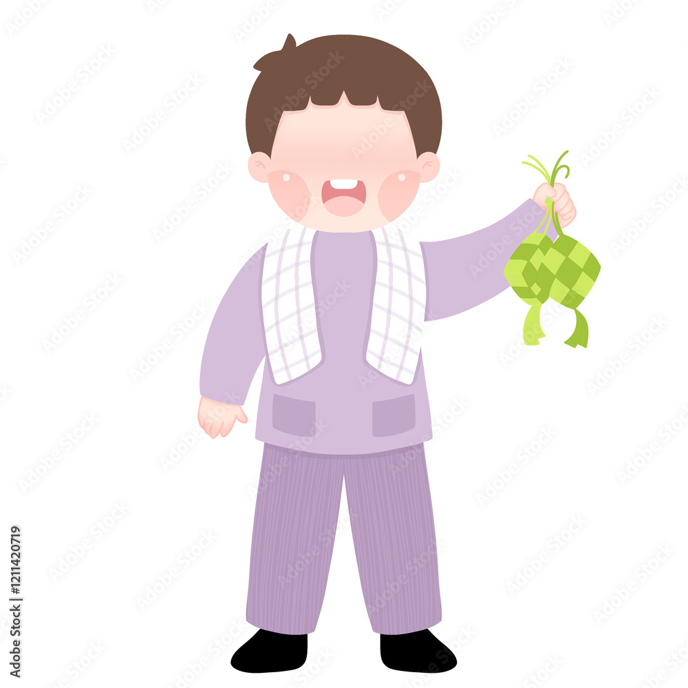 A joyful, animated boy, dressed in a vibrant purple outfit, holds a freshly made ketupat. His wide grin and sparkling eyes convey the excitement of Eid al-Fitr A joyful, animated boy, dressed in a vibrant purple outfit, holds a freshly made ketupat. His wide grin and sparkling eyes convey the excitement of Eid al-Fitr