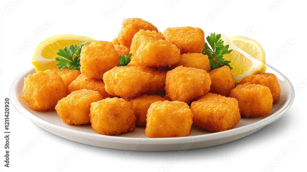 Golden Brown Crispy Snack Bites on a White Plate Garnished with Lemon Slices and Fresh Green Herbs, Perfect for Appetizers or Party Platters Golden Brown Crispy Snack Bites on a White Plate Garnished with Lemon Slices and Fresh Green Herbs, Perfect for Appetizers or Party Platters