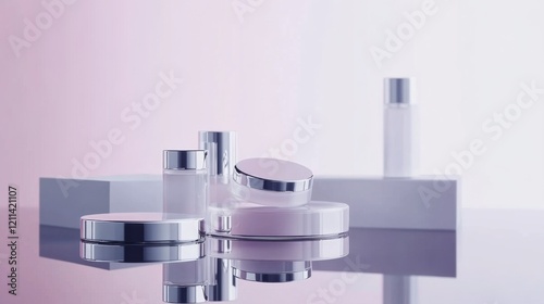 Wallpaper Mural Elegant Skincare Bottles with Silver Caps on Reflective Surface Torontodigital.ca