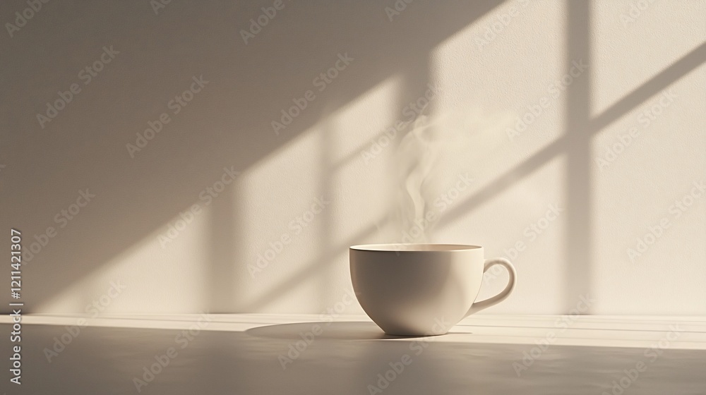 Obraz premium Steaming coffee cup in sunlit room.