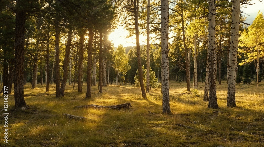 Obraz premium Sunlit forest with golden light through pine trees. Great for nature landscapes, environmental themes, and natural scenery.