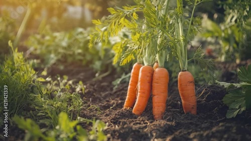 Vibrant carrots in sunlit garden soil: growth and harvest in progress