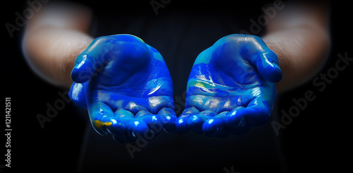 human hands open empty holding covered in blue paint