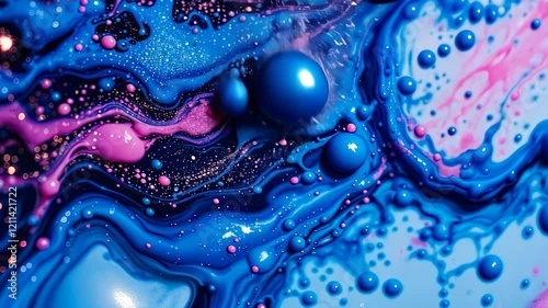 Wallpaper Mural Swirling abstract blue liquid with floating glossy bubbles and pink highlights, resembling a cosmic microcosm. Concept of fluidity and creativity Torontodigital.ca