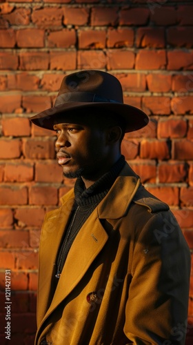 Young african male in stylish hat and coat against brick wall