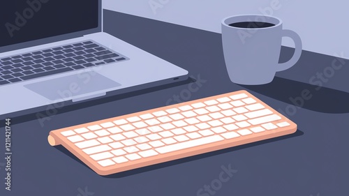 A modern workspace featuring a sleek laptop, a minimalist keyboard, and a stylish coffee mug. This image symbolizes productivity and innovation in a digital age. photo