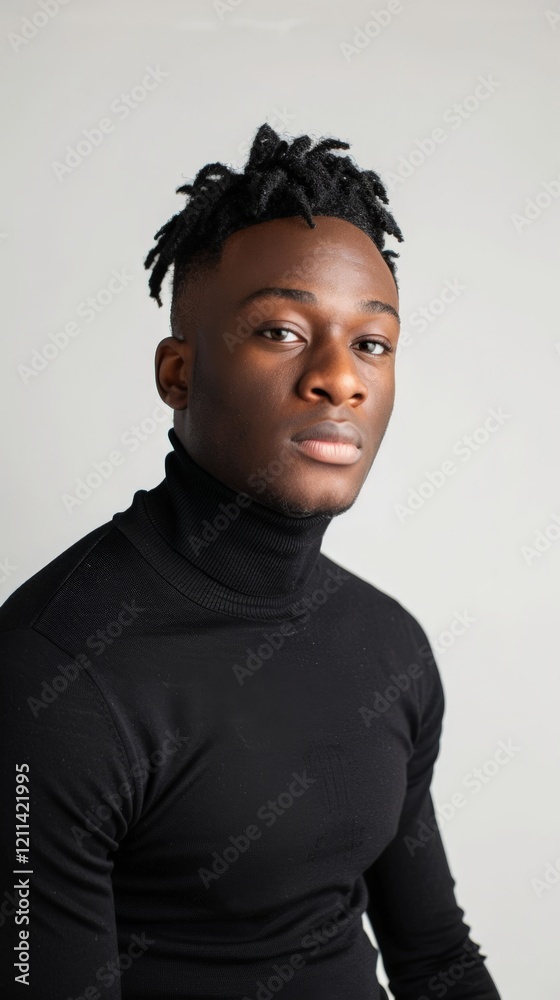 Fototapeta premium Young african male with short dreadlocks in black turtleneck portrait