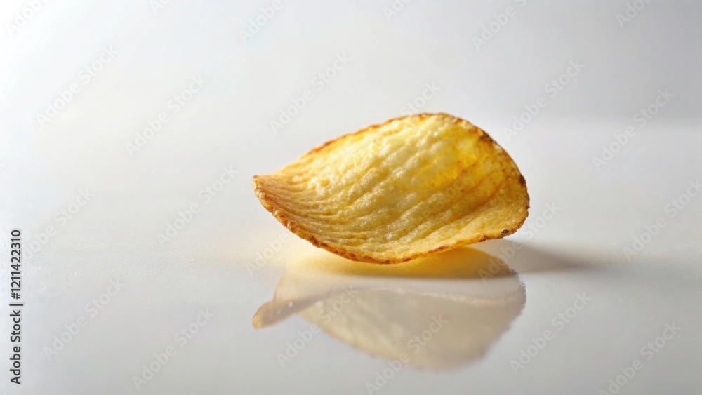 A Single Crispy Potato Chip Reflecting on a Smooth Surface, a Delicious Snack Food A Single Crispy Potato Chip Reflecting on a Smooth Surface, a Delicious Snack Food