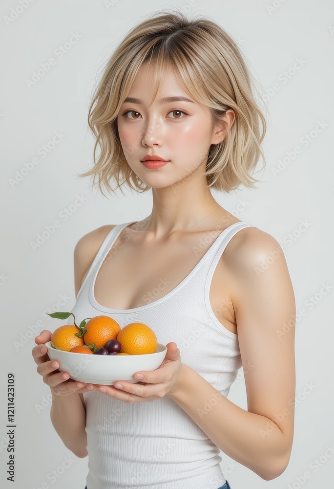 Woman holds bowl of oranges and red fruits, suitable for health and wellness blog, nutrition article, grocery store advertisement. Woman holds bowl of oranges and red fruits, suitable for health and wellness blog, nutrition article, grocery store advertisement.