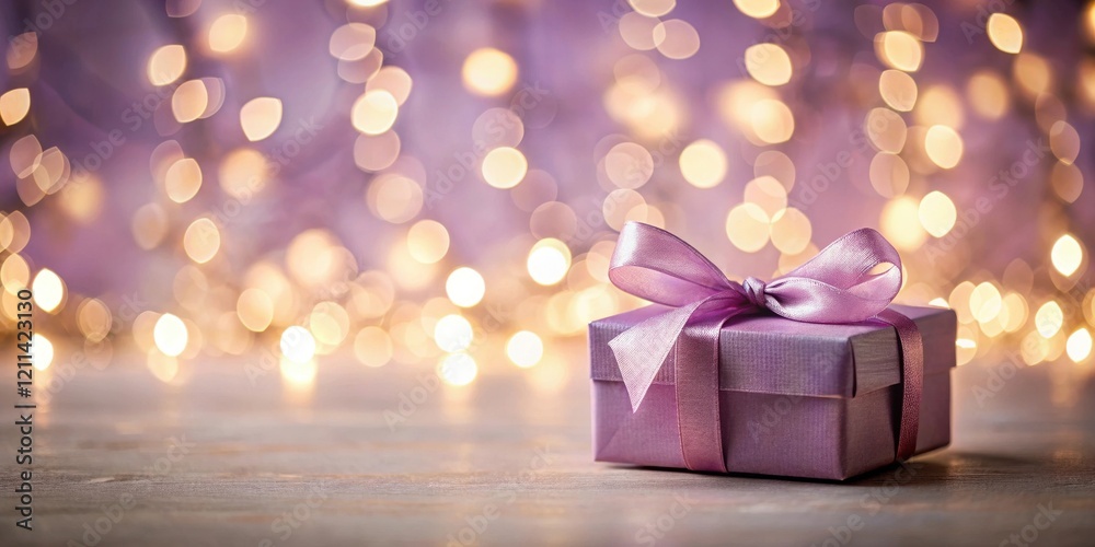A Lavish Purple Gift Box Adorned with a Satin Bow, Set Against a Dreamy Backdrop of Soft Golden Lights A Lavish Purple Gift Box Adorned with a Satin Bow, Set Against a Dreamy Backdrop of Soft Golden Lights