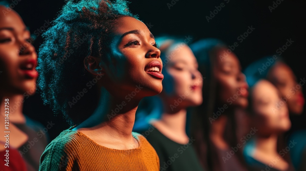 Fototapeta premium Women Singing Together in Harmony on a Dark Stage with Spotlight
