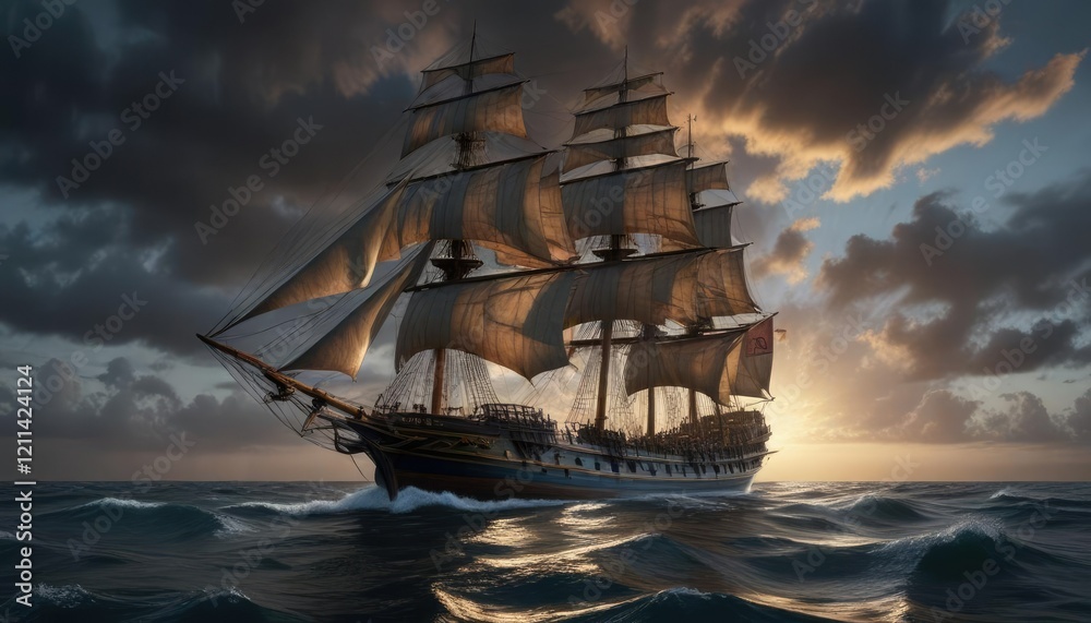 Obraz premium A majestic tall ship sails through the open waters of an endless ocean with a dark and foreboding sky above it, sea, waves