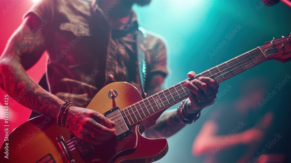 Obraz premium A vibrant image of a tattooed musician playing guitar on stage, the ink peeking through their shirt sleeves