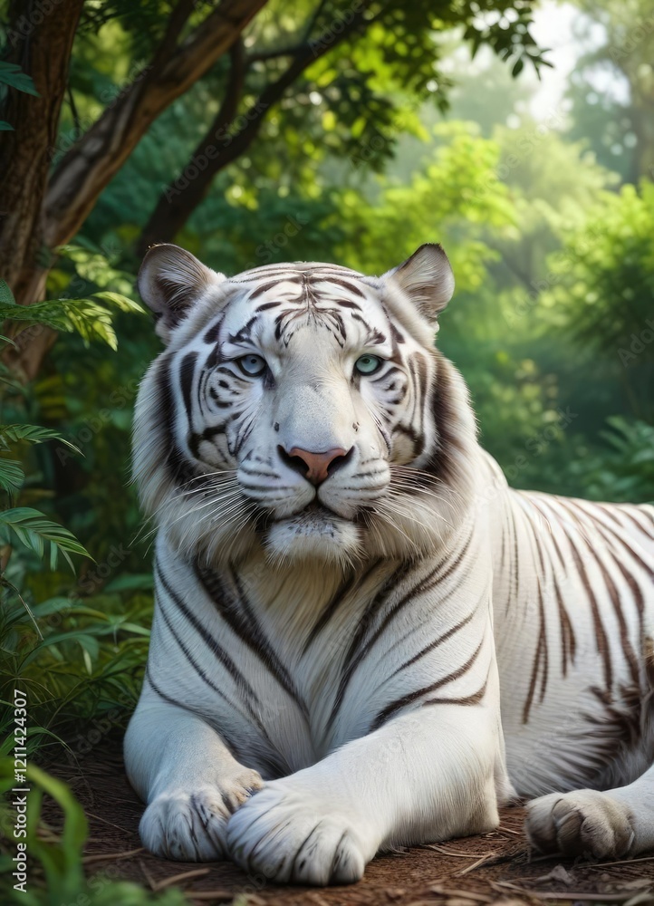 A majestic white tiger lounging in the underbrush, thorns, white tiger A majestic white tiger lounging in the underbrush, thorns, white tiger