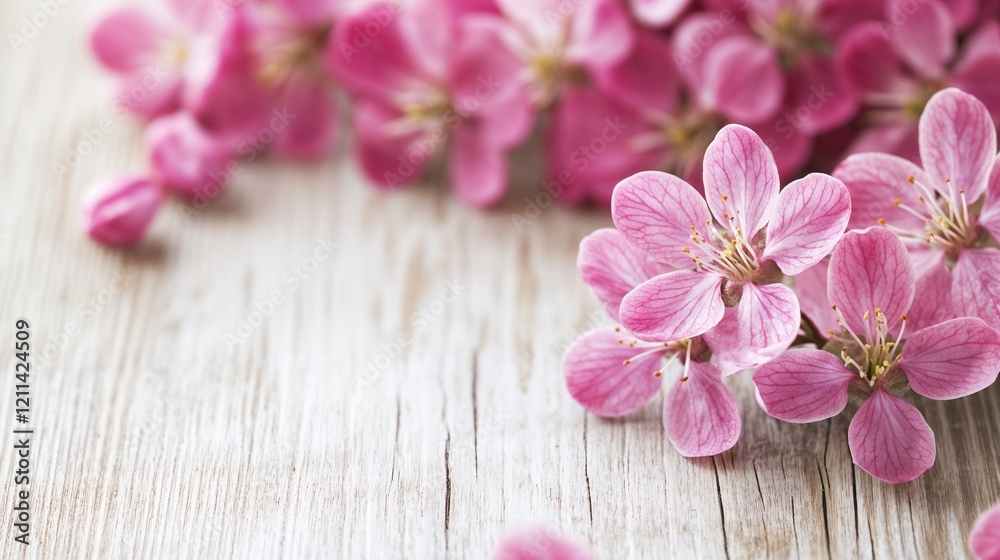 Delicate pink cherry blossoms on white wooden surface. Suitable for spa services, wellness products, or spring season themes. Delicate pink cherry blossoms on white wooden surface. Suitable for spa services, wellness products, or spring season themes.