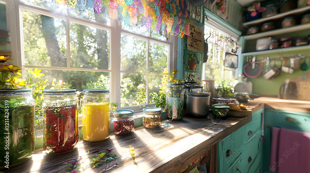 Obraz premium vibrant home canning kitchen filled with colorful jars and fresh herbs, showcasing sunny atmosphere and cozy, inviting space