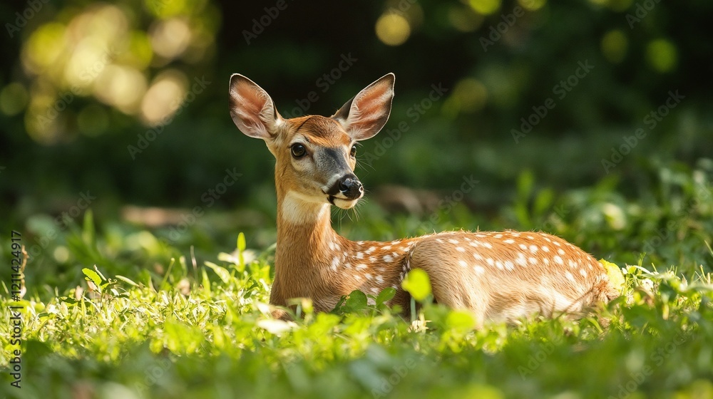 Young deer in sunlit grass clearing. Great for wildlife conservation, nature photography, or environmental protection. Young deer in sunlit grass clearing. Great for wildlife conservation, nature photography, or environmental protection.
