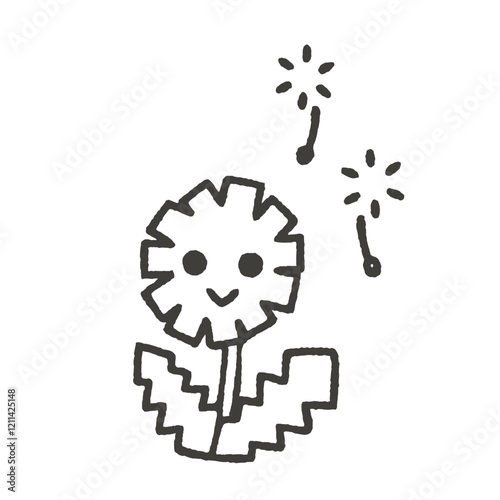 かわいいタンポポのキャラクターと綿毛のイラスト