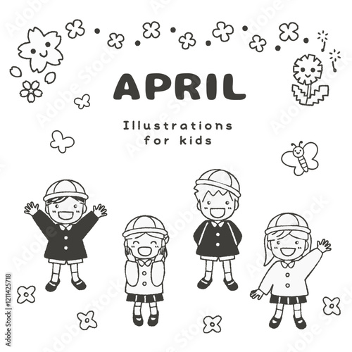 4月を楽しむ子供たち！春モチーフの手描きイラスト素材