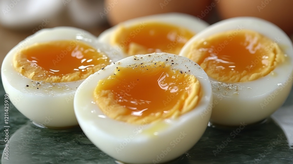 Close-up Shot of Perfectly Boiled Eggs with Golden Yolks and a Sprinkle of Pepper Close-up Shot of Perfectly Boiled Eggs with Golden Yolks and a Sprinkle of Pepper
