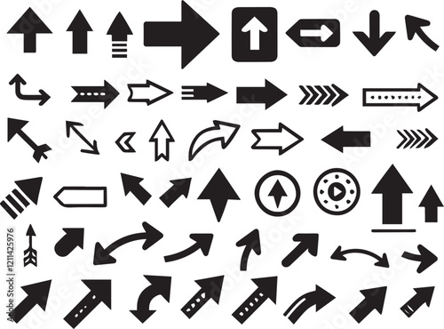 Arrow silhouette vector set, black directional icons, various arrows, abstract design, seamless pattern, navigation symbols, diverse arrow shapes