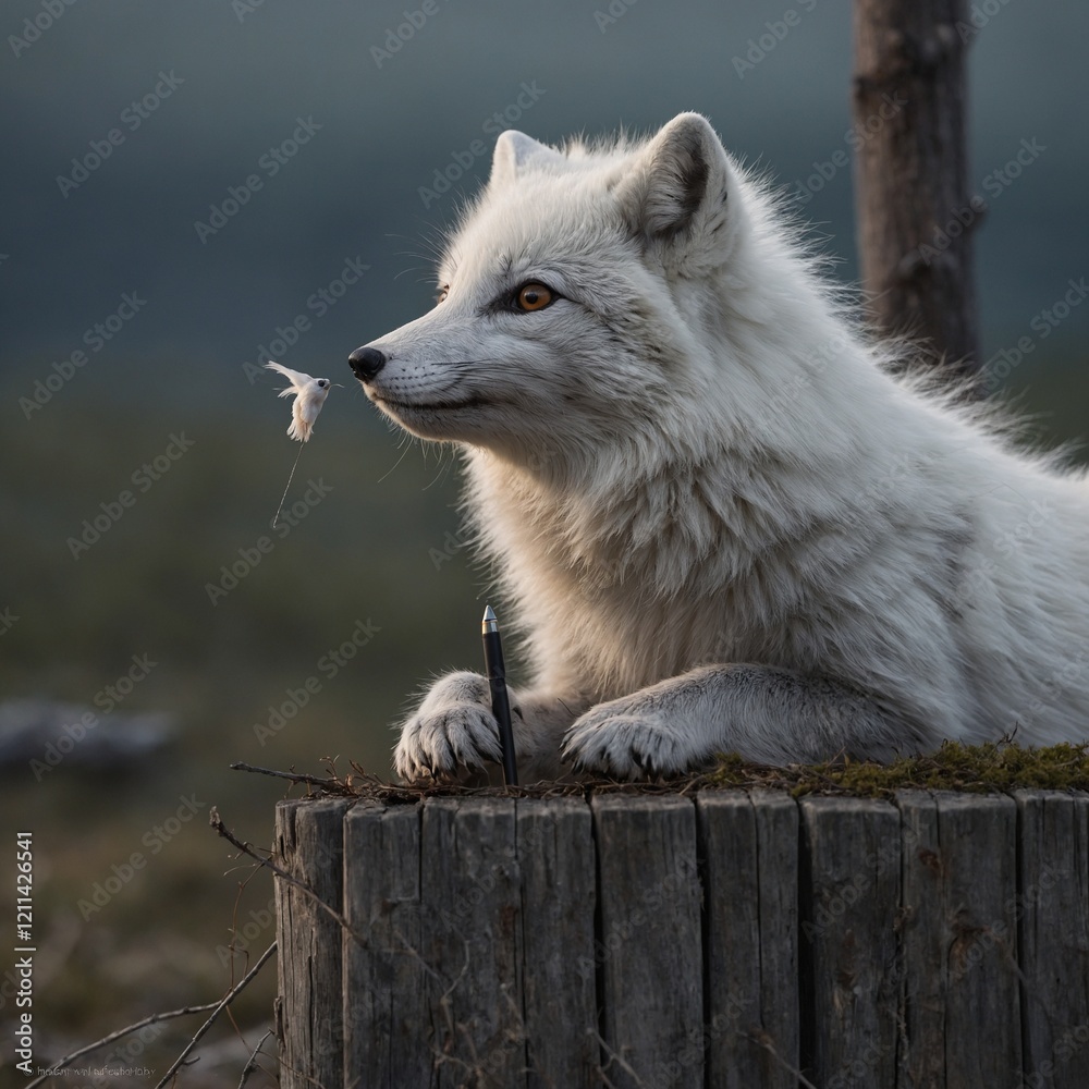 white fox on a black background. White fox in the nature.Pristine arctic fox sits gracefully on a log, its white fur contrasting with the muted forest backdrop.Arctic Fox on Log in Winter Wonderland, white fox on a black background. White fox in the nature.Pristine arctic fox sits gracefully on a log, its white fur contrasting with the muted forest backdrop.Arctic Fox on Log in Winter Wonderland,